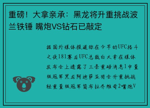 重磅！大拿亲承：黑龙将升重挑战波兰铁锤 嘴炮VS钻石已敲定
