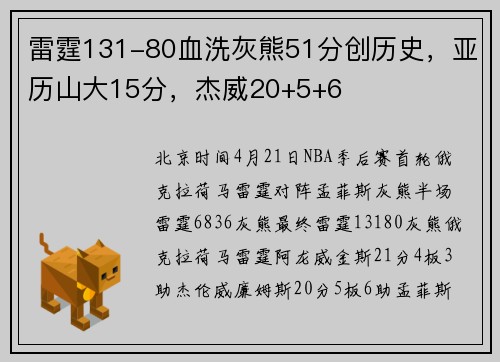 雷霆131-80血洗灰熊51分创历史，亚历山大15分，杰威20+5+6